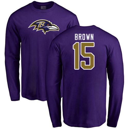 Men Baltimore Ravens Purple Marquise Brown Name and Number Logo NFL Football #15 Long Sleeve T Shirt->baltimore ravens->NFL Jersey